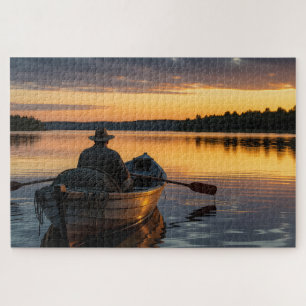 Puzzle Pescador en un bote de madera