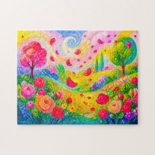 Puzzle Pétalos de rosa flotando a través de un jardín ven