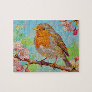 Puzzle Petirrojo de primavera en pintura al óleo de flor