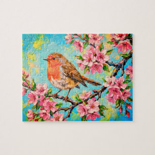 Puzzle Petirrojo de primavera en pintura al óleo de flor