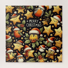 Puzzle Petirrojos y estrellas doradas lindos de Navidad