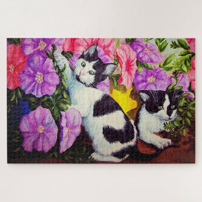Puzzle Petunias y gatitos/gatos en flores de jardín juega (Horizontal)