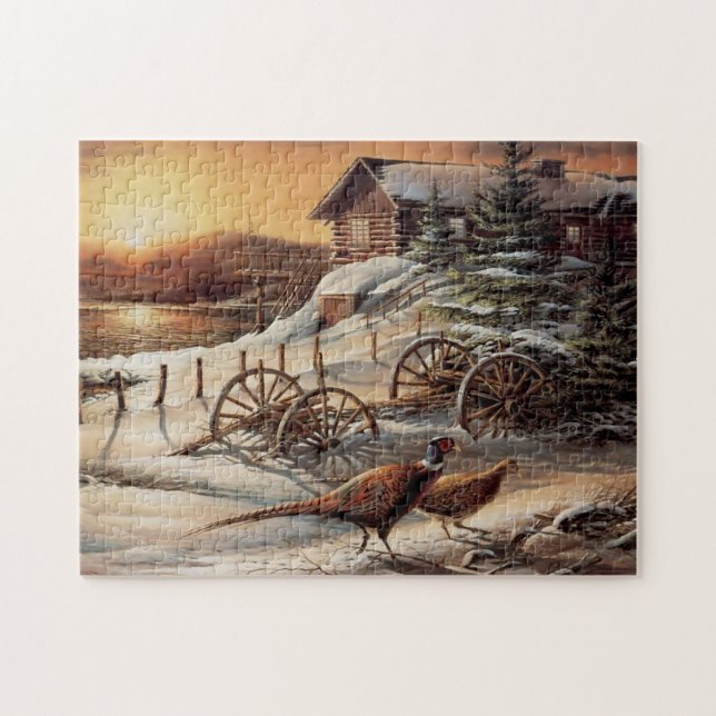 Puzzle Pheasant Winter Sunset Lake Cottage (Horizontal)