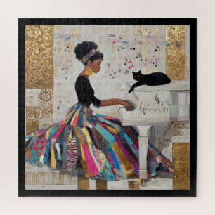 Puzzle Pianista negra con lámina de oro y gato
