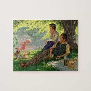 Puzzle Picnic divertido de familia antigua bajo un árbol 