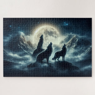 Puzzle Picos iluminados por la luna, lobos majestuosos, l