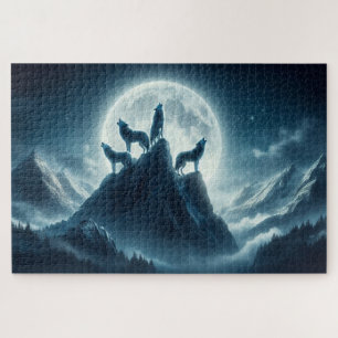 Puzzle Picos iluminados por la luna, lobos majestuosos, l