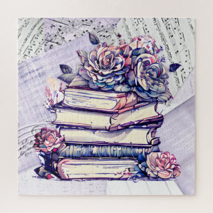 Puzzle Pila de libros antiguos y rosas