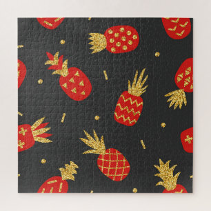 Puzzle Piña roja, purpurina, fondo negro.
