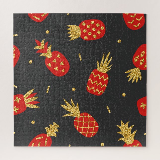 Puzzle Piña roja, purpurina, fondo negro. (Vertical)