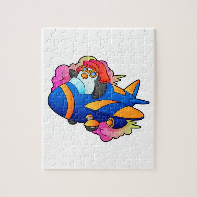 Puzzle Pingüino como piloto con avión (Vertical)