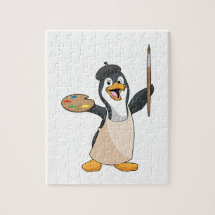 Puzzle Pingüino como pintador con pincel de pintura y col