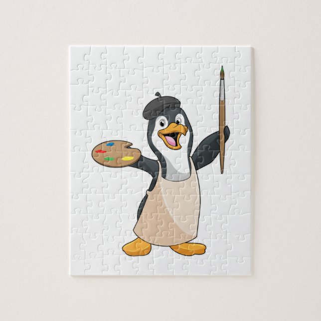 Puzzle Pingüino como pintador con pincel de pintura y col (Vertical)