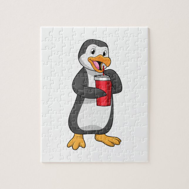 Puzzle Pingüino con taza de bebida con paja (Vertical)