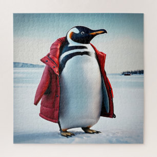 Puzzle Pingüino con un abrigo rojo