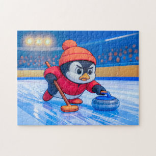 Puzzle Pingüino jugando curling en una pista de hielo inv