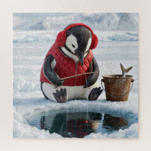 Puzzle Pingüino pesca en hielo en un glaciar ártico