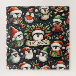 Puzzle Pinguinos cantores de Navidad con muérdago y petir