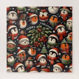 Puzzle Pinguinos cantores de Navidad y petirrojos bajo mu