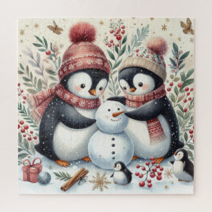 Puzzle Pingüinos Construyendo Un Snowman