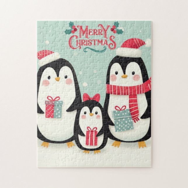 Puzzle Pingüinos nevados de Feliz Navidad (Vertical)