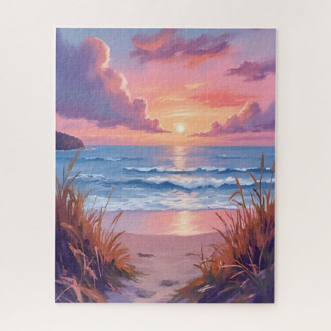 Puzzle Pink Ocean Sunset Beach Watercolor Painting (Vertical)