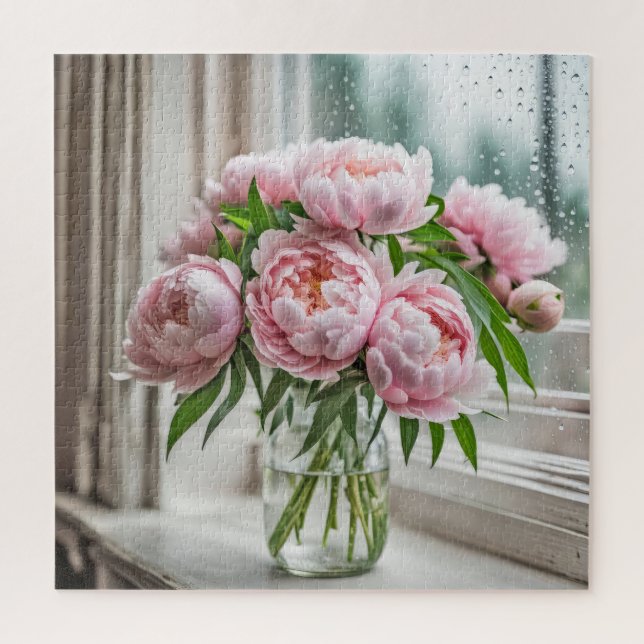 Puzzle Pink Peony Bouquet by the Rainy Window (Vertical)