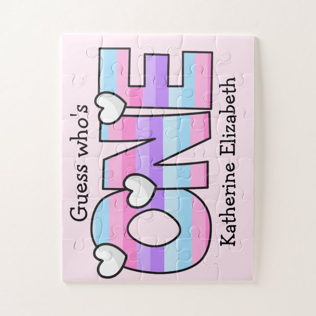 Puzzle Pink Purple Ombre Stripes Hearts First Birday (Vertical)