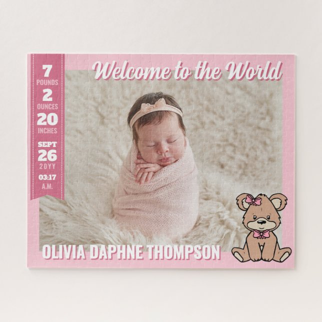 Puzzle Pink Teddy Bear Welcome to the World Baby Girl (Horizontal)