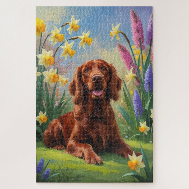 Puzzle Pintado de flores de primavera de perro rojo irlan (Vertical)