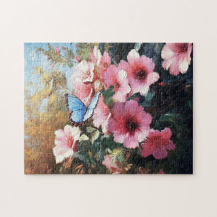 Puzzle Pintado de flores rosadas de mariposa azul