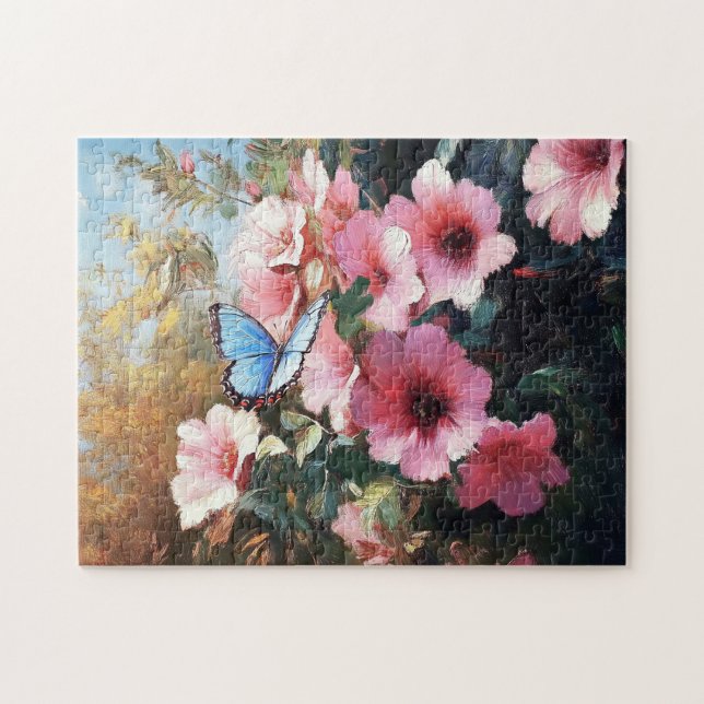Puzzle Pintado de flores rosadas de mariposa azul (Horizontal)