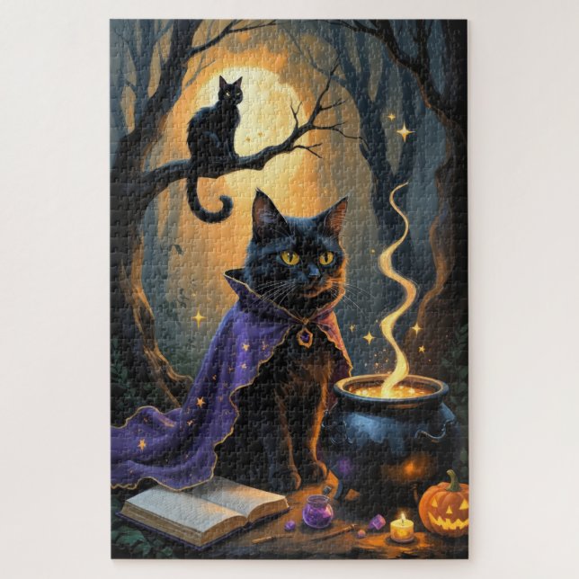 Puzzle Pintado de Halloween de gato negro (Vertical)