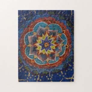 Puzzle Pintado de Mandala verde, azul y amarillo