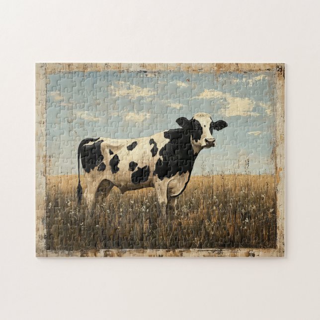 Puzzle Pintado rústico de una vaca en un prado iluminado  (Horizontal)