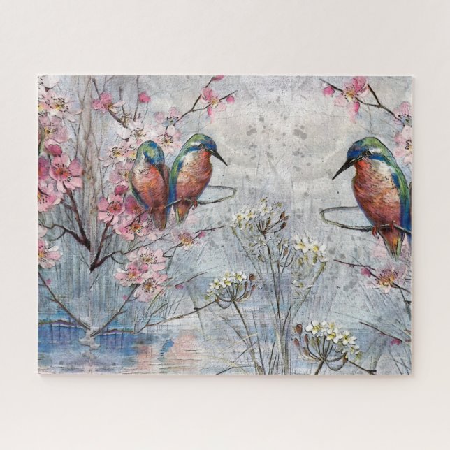 Puzzle Pintados bonitos de Kingfishers y flores (Horizontal)
