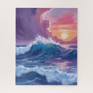 Puzzle Pintura Acuarela Puesta de Sol Olas del Océano Púr