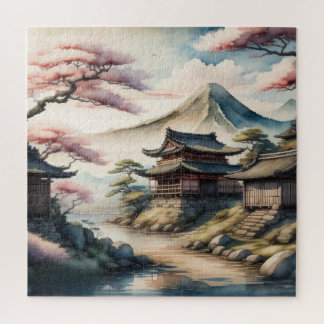 Puzzle Pintura al Acuarela de Antiguo Pueblo Japonés