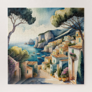 Puzzle Pintura al Acuarela de Ciudad Mediterránea Europea