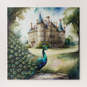 Puzzle Pintura al acuarela de pavo real y castillo