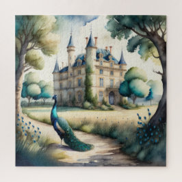 Puzzle Pintura al acuarela de pavo real y castillo