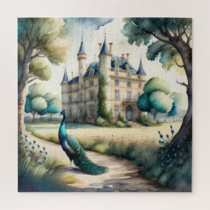 Puzzle Pintura al acuarela de pavo real y castillo