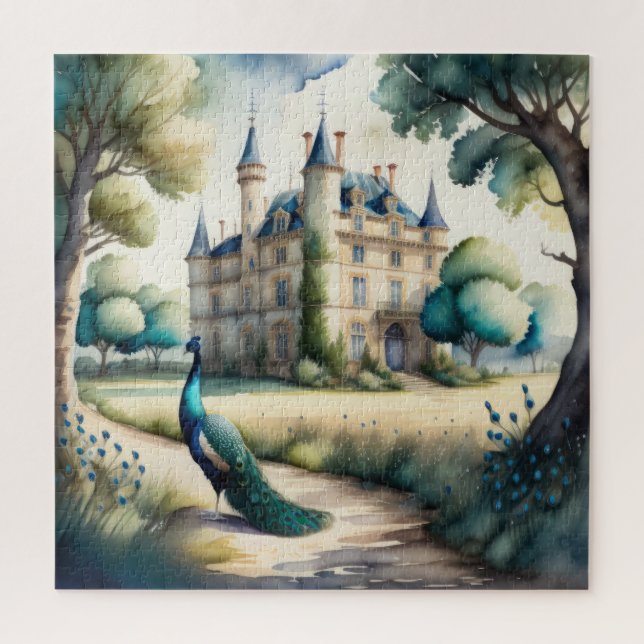 Puzzle Pintura al acuarela de pavo real y castillo (Vertical)