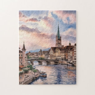 Puzzle Pintura al Acuarela de Zurich Suiza