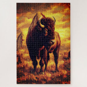 Puzzle Pintura al óleo de bisonte majestuoso: puesta de s