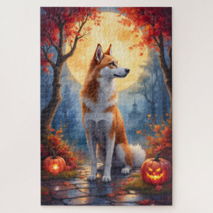 Puzzle Pintura al óleo de Halloween bajo la luna Akita gó