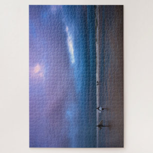 Puzzle Pintura al óleo de paisaje marino con cielo púrpur