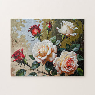 Puzzle pintura al óleo de rosas blancas y rojas de color