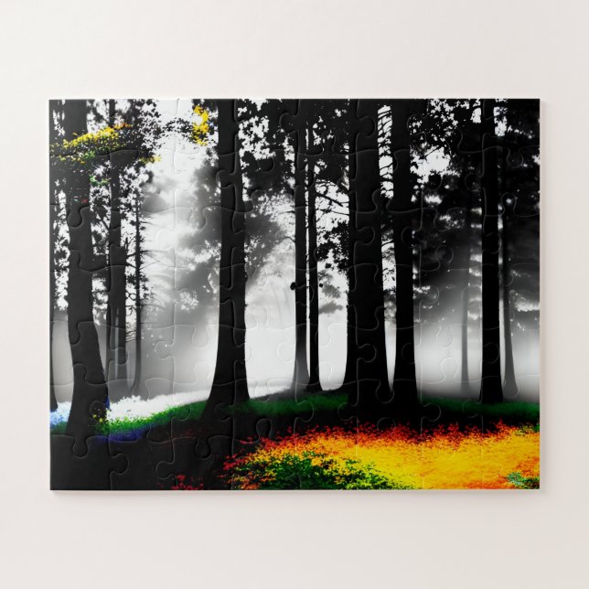 Puzzle Pintura arcoiris sobre el bosque de siluetas para  (Horizontal)