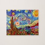Puzzle Pintura artística moderna de noche estrellada<br><div class="desc">Un paisaje estelar,  artísticamente diseñado y pintado digitalmente,  con ciprés.</div>